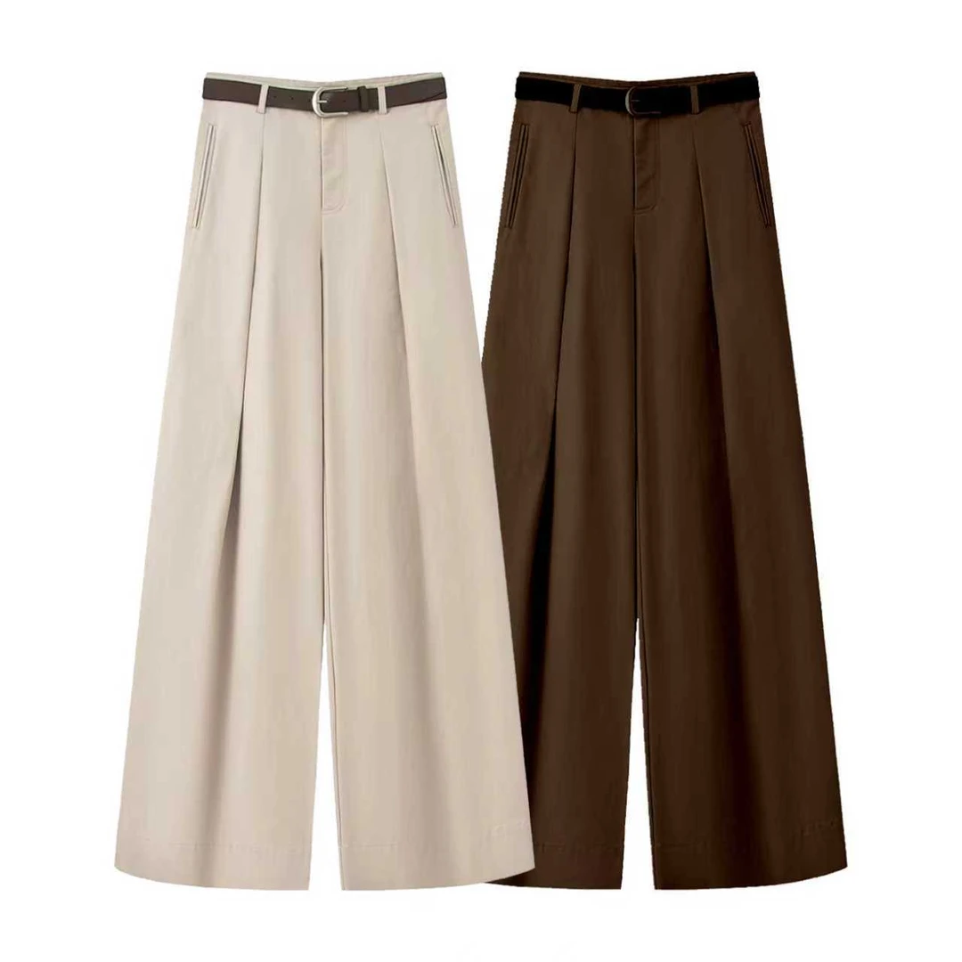 艾*家裤子商场同款2025早秋新款百搭显瘦高腰直筒阔腿裤女3033