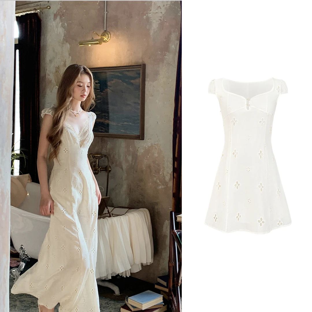 【南法假日】法式复古镂空重工刺绣V领连衣裙 8679#