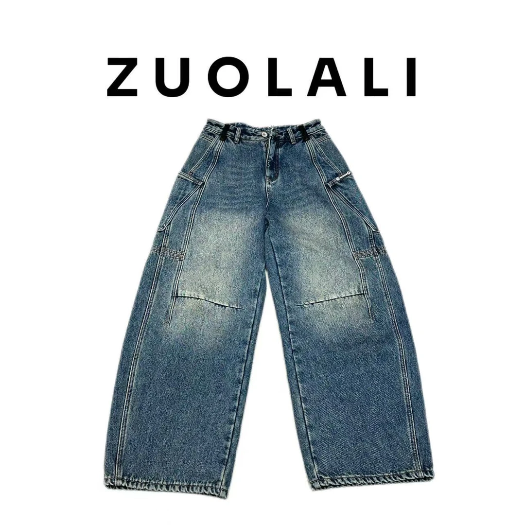 ZUOLALI/左拉励【跳色工装】新款复古水洗显瘦设计-高腰堆堆裤