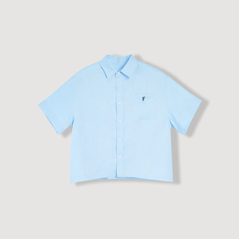 【白沙海岸】RL同款100%亚麻材质经典老钱风蓝色短袖衬衫女25B3045