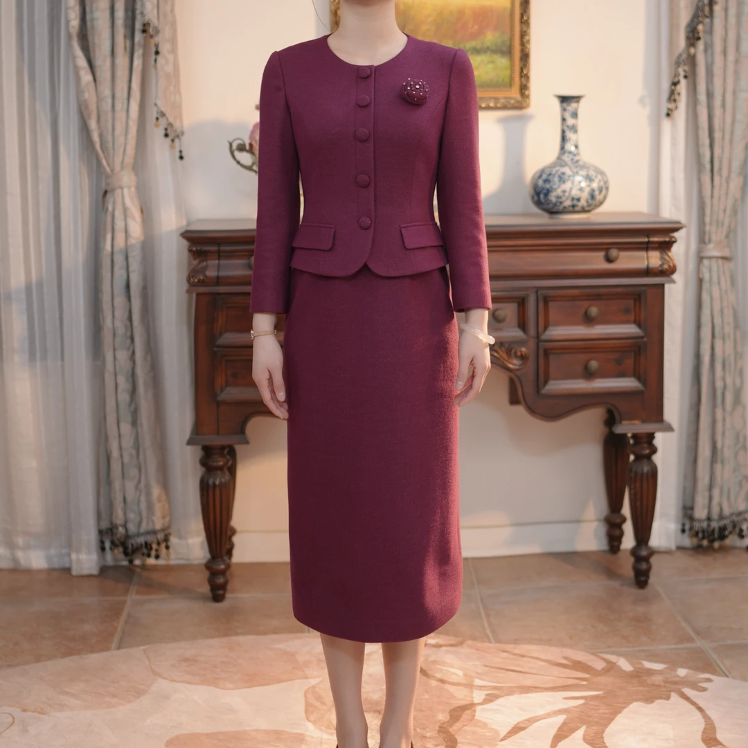 28105洋气显瘦喜婆婆礼服假两件连衣裙紫红色优雅羊毛婚礼连衣裙
