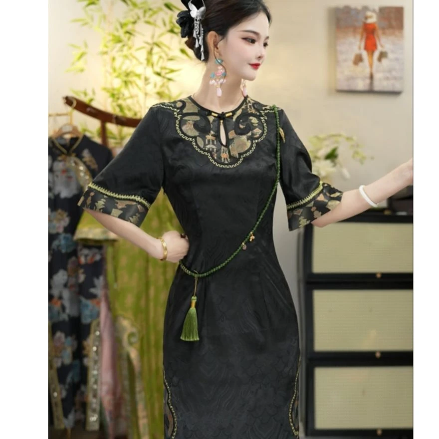 花享悦2025夏季新款中国风复古海浪图腾气质修身长款旗袍WW（1628）