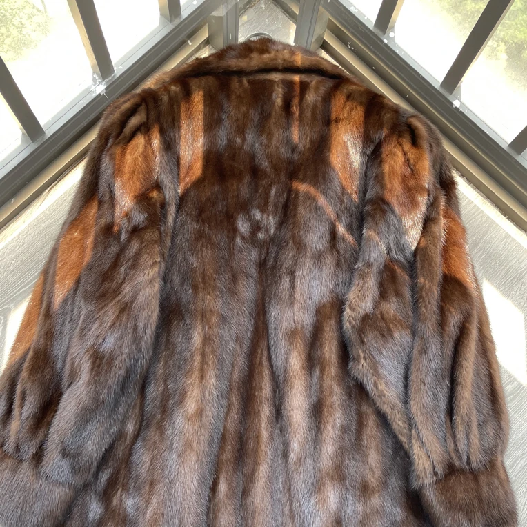 【K84】棕色中长款L码（胸围110衣长85）小橙子进口中古皮草外套保暖