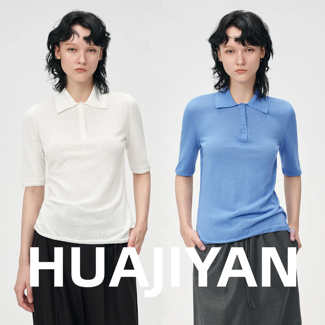 华吉言/HUAJIYAN【呼吸感】羊毛亚麻混纺宽松Polo领短袖T恤
