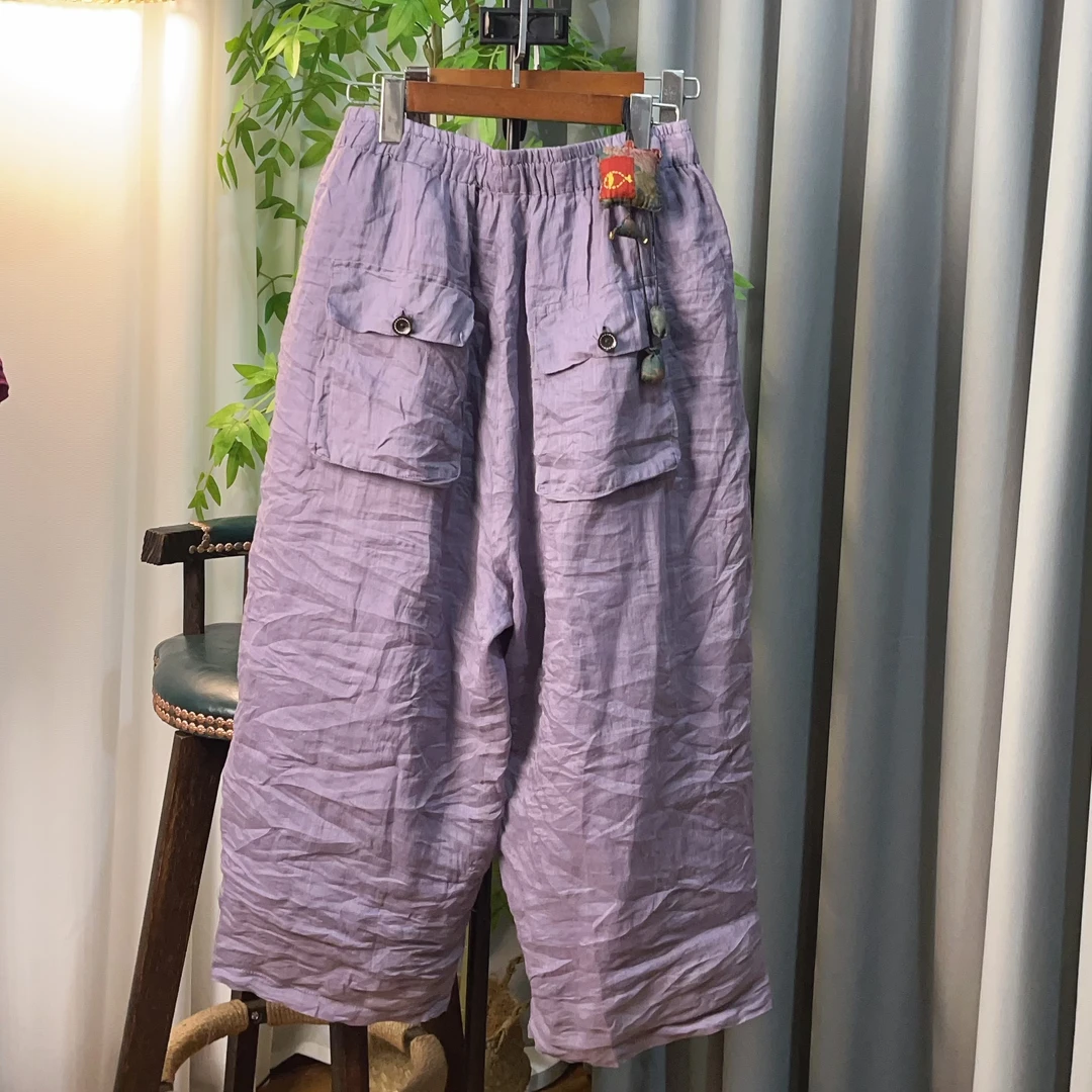 南尘~经典原创苎麻复古百搭时尚双层工装口袋老爹裤