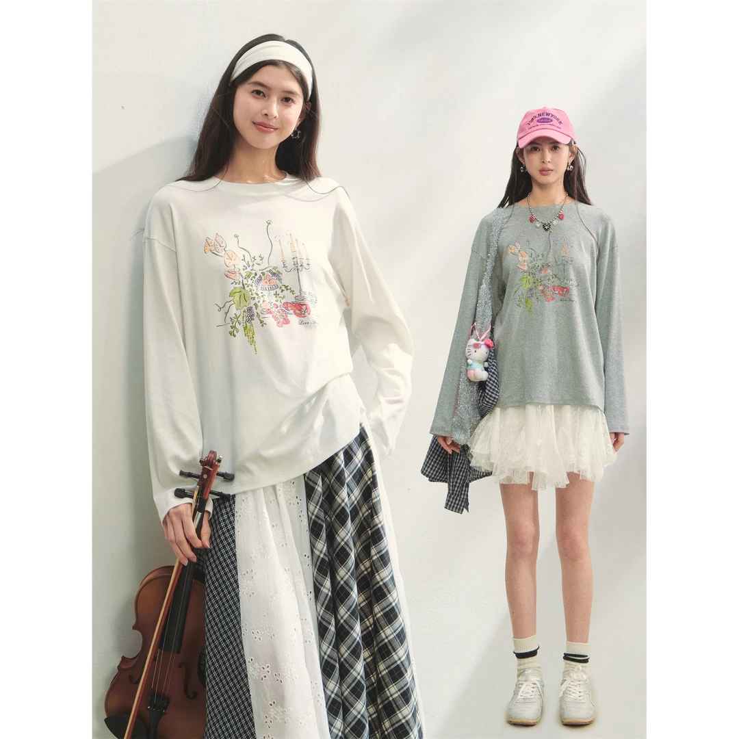 AsGony 花卉印花宽松显瘦圆领长袖T恤韩系慵懒风设计感百搭上衣女