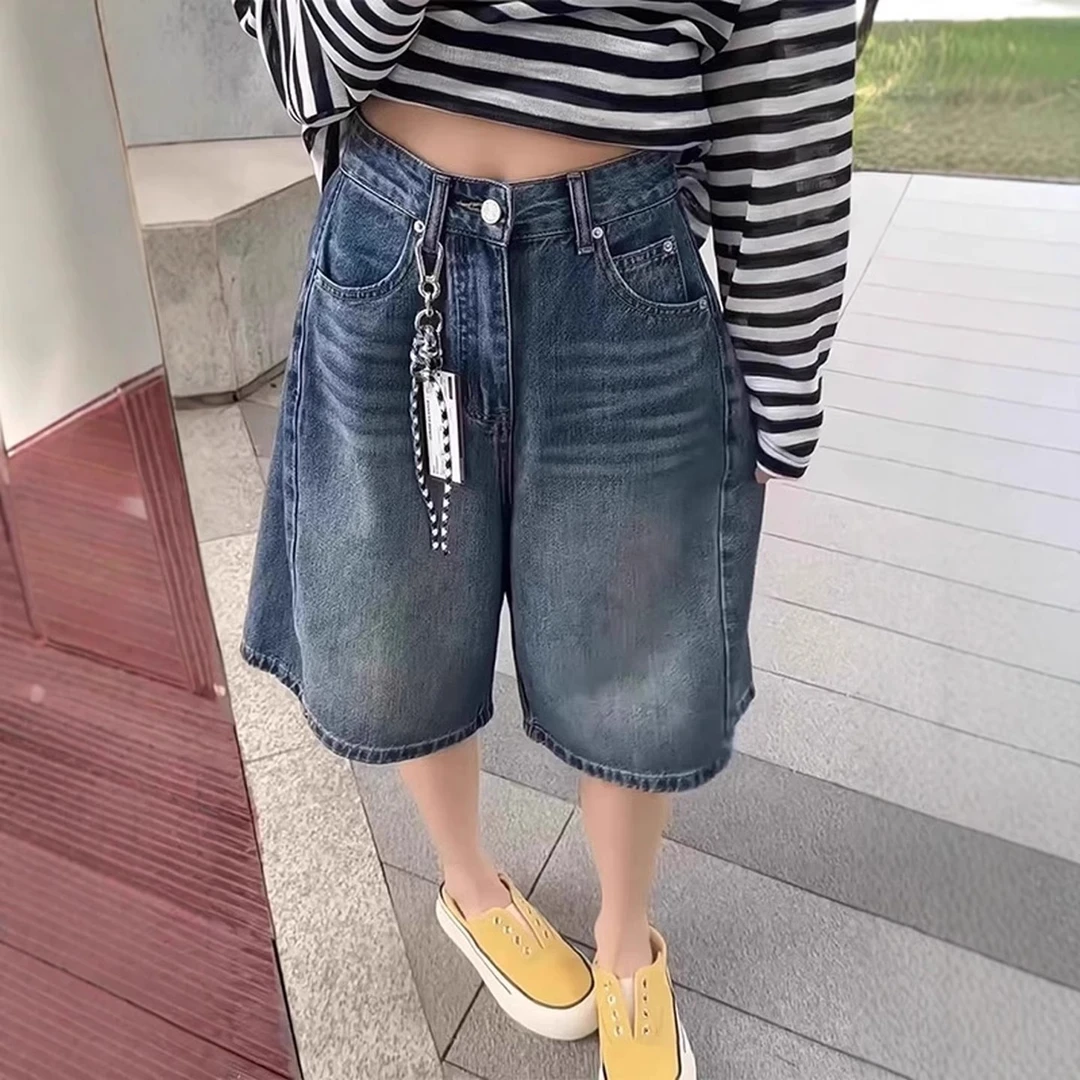 雪千羽复古蓝阔腿牛仔短裤女夏季新款胖mm高腰显瘦宽松遮胯五分裤