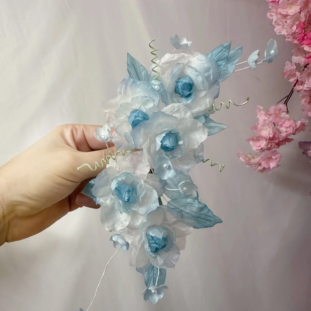 蓝雨绵冰蓝绣球发夹【烫花】手工汉服百搭复古风超仙发饰品