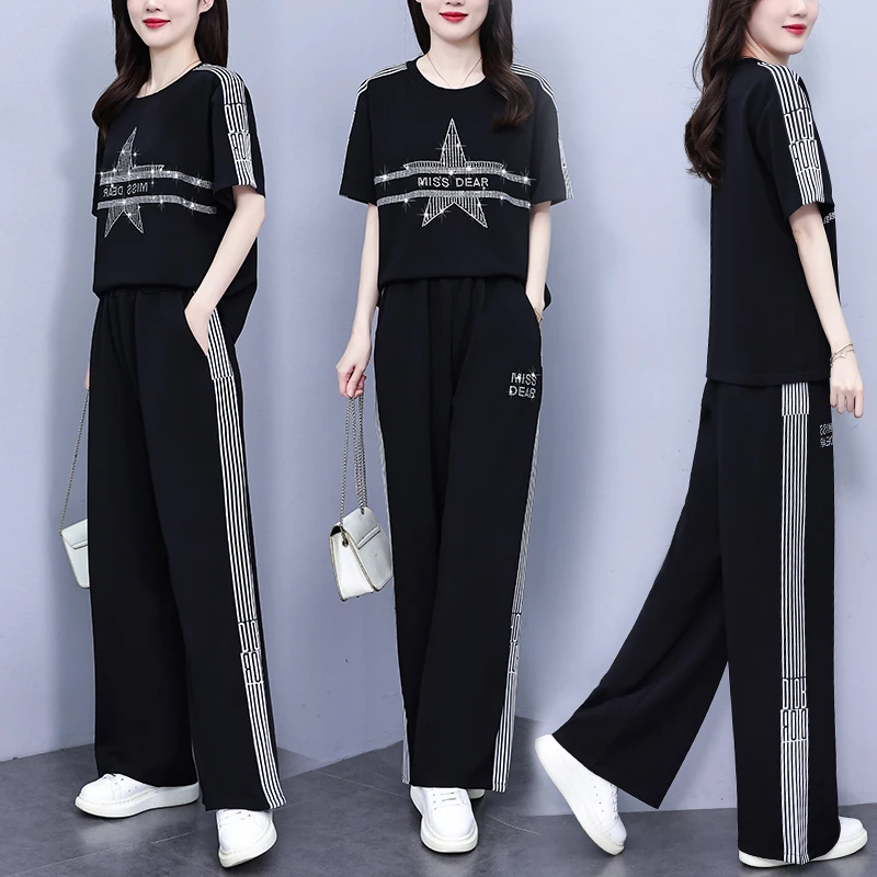 2025女士大码女装夏新款运动休闲烫钻时尚减龄宽松显瘦长裤两件套