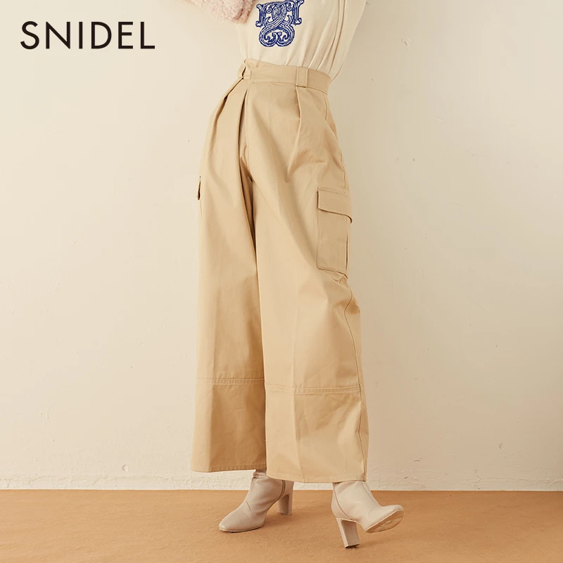 SNIDEL压褶高腰侧口袋阔腿休闲工装牛仔裤SWFP234233