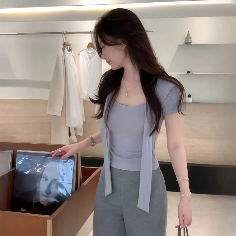 韩系温柔风披肩假两件短袖T恤女2025夏季新款设计感别致上衣