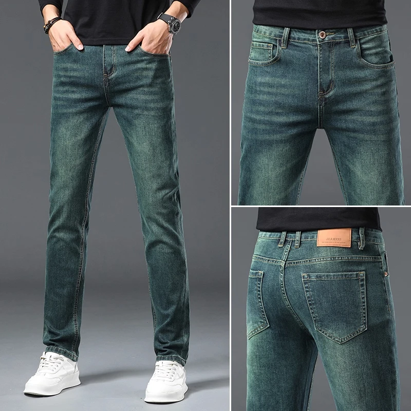 高端水鬼绿牛仔裤男士秋冬新款潮牌时尚外穿百搭修身小脚长裤子潮
