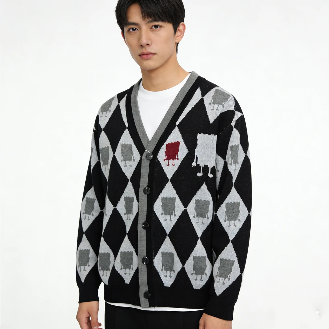 FNZAJ/31036A  男士菱形格纹开衫毛衣针织衫（海）