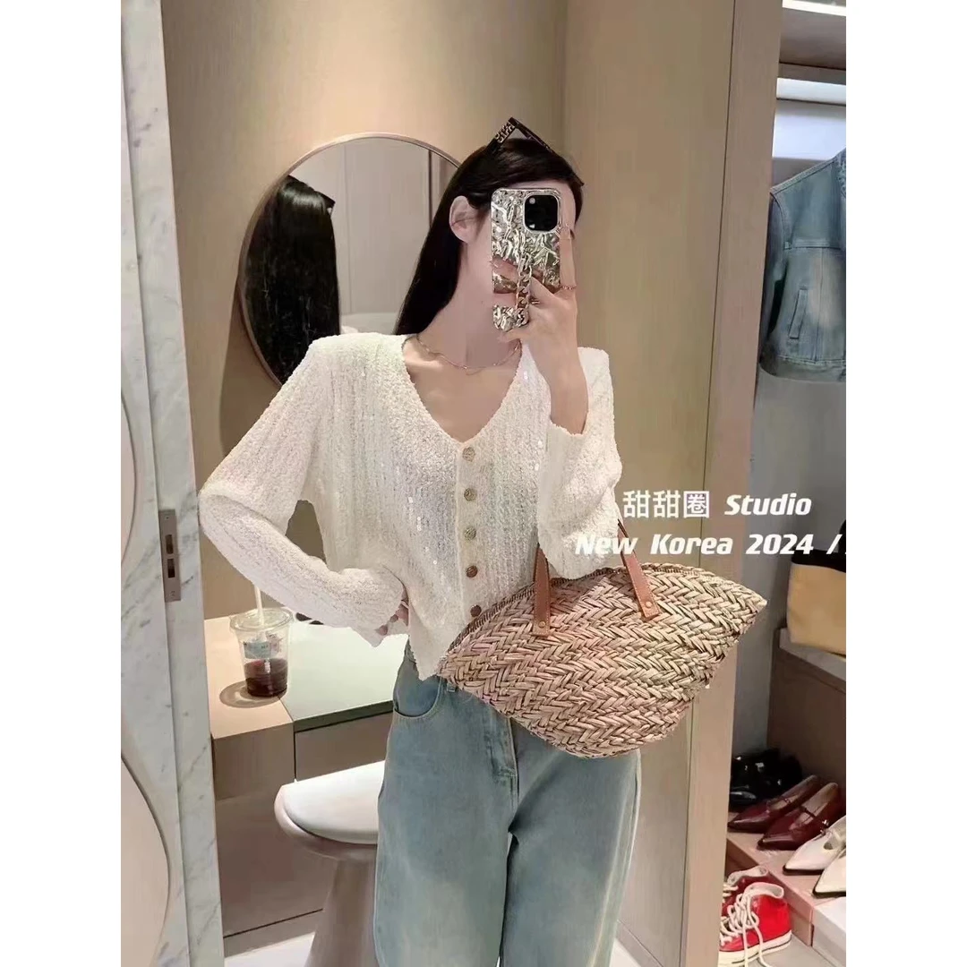 小香风轻奢亮片针织开衫女亮闪闪V领薄毛衣外套长袖早春chic上衣