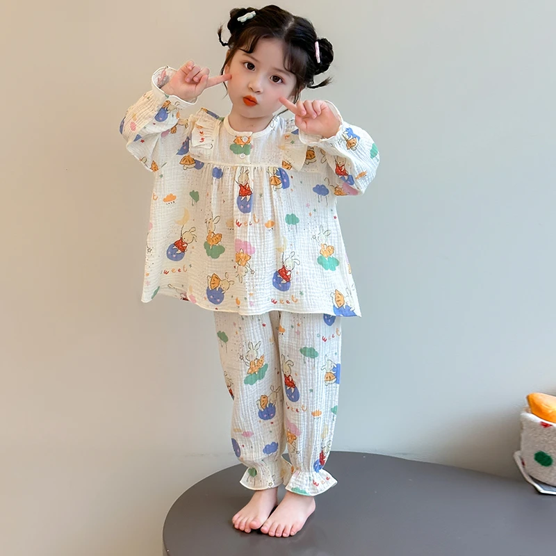 儿童棉纱睡衣春秋款女童长袖长裤家居服套装卡通繁星兔女宝宝新款