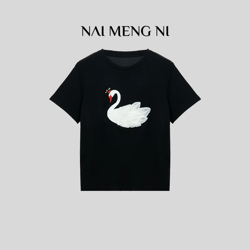 【肉肉】天鹅芭蕾宽松显瘦刺绣白色舒适夏季潮流T恤 26N3282