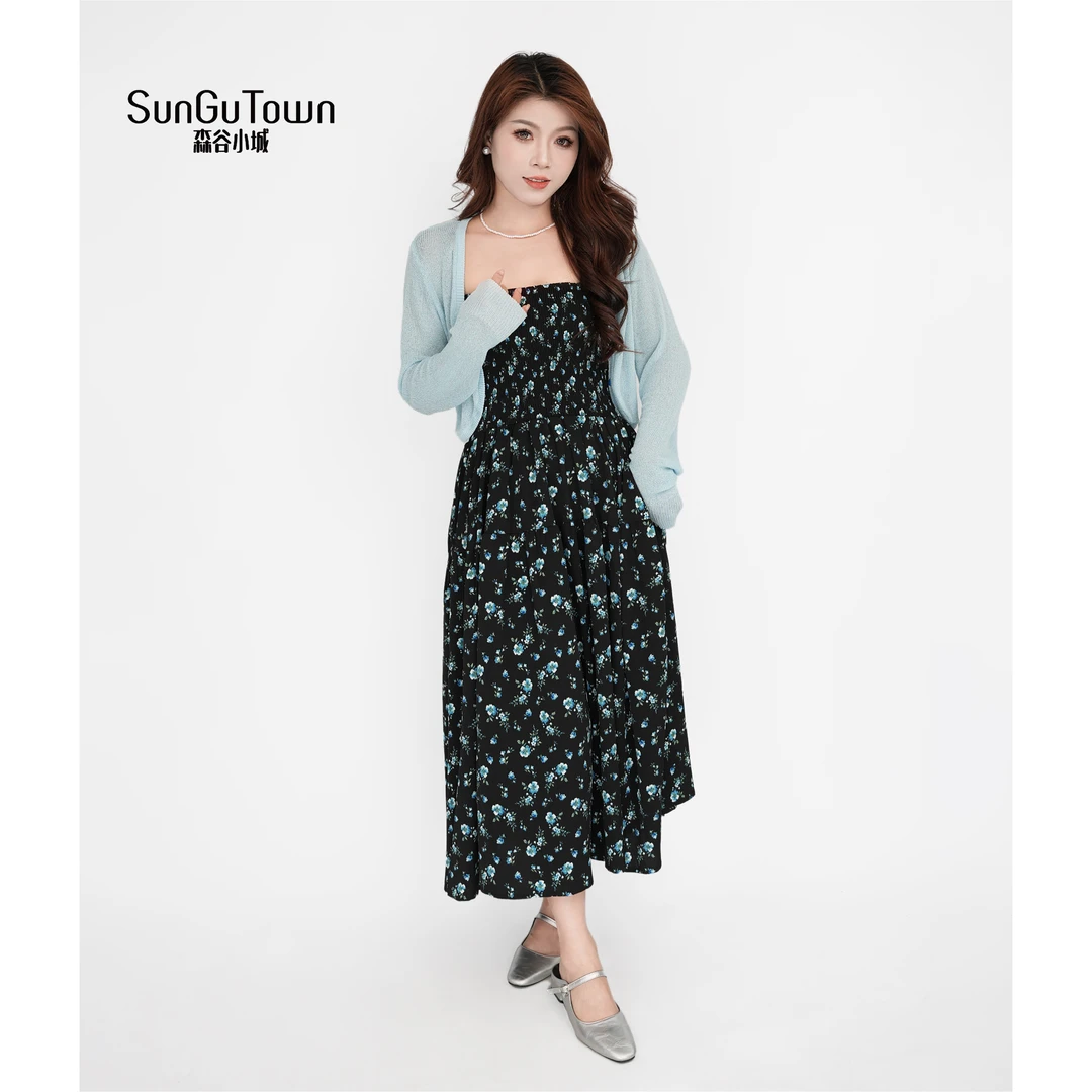 森谷小城夏季气质碎花显瘦长款连衣裙套装5BDQ-X03113