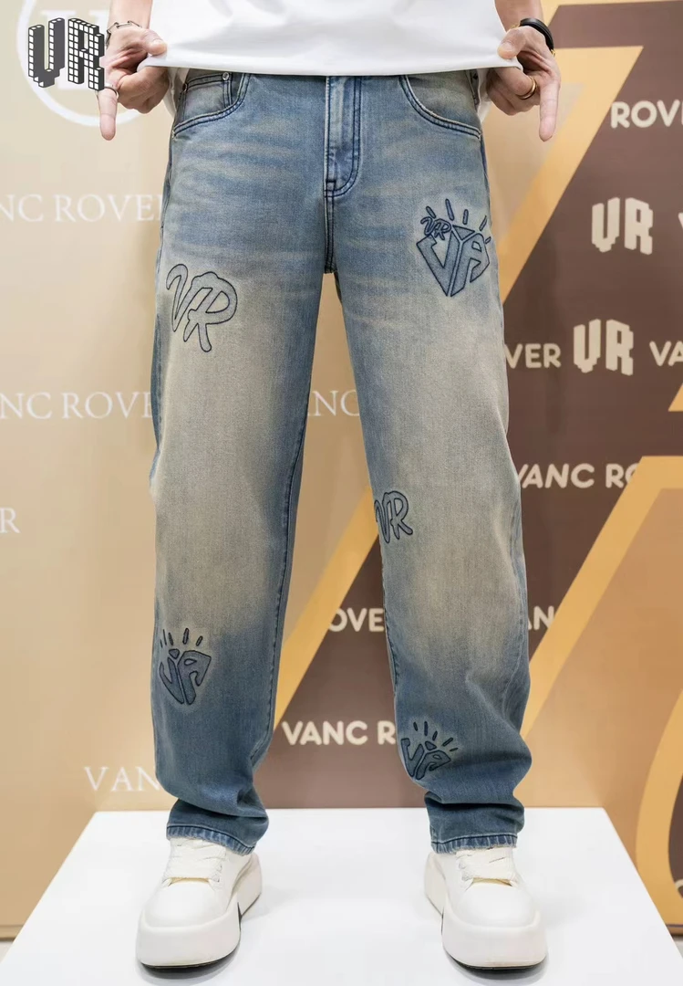 沙恩名品-2025VR春季新款美式复古刺绣水洗宽松男士牛仔裤-3102