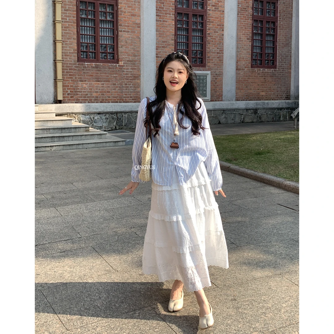 QINGYUS「旧春往事」麻花抽绳圆领正肩长袖开叉宽松微胖大码女衬衫