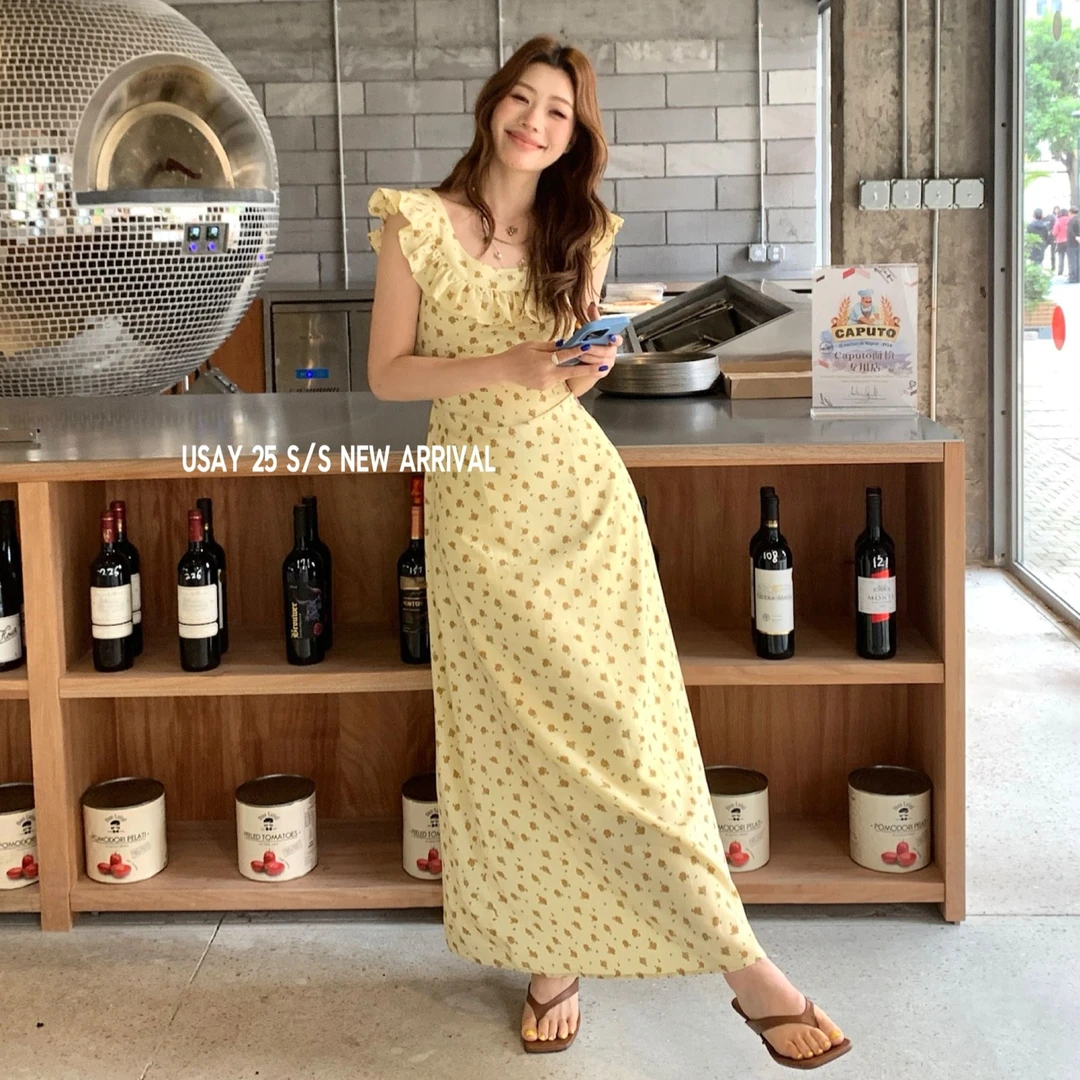 2025年夏季法式设计感荷叶边系带收腰显瘦吊带 碎花 连衣裙女长裙