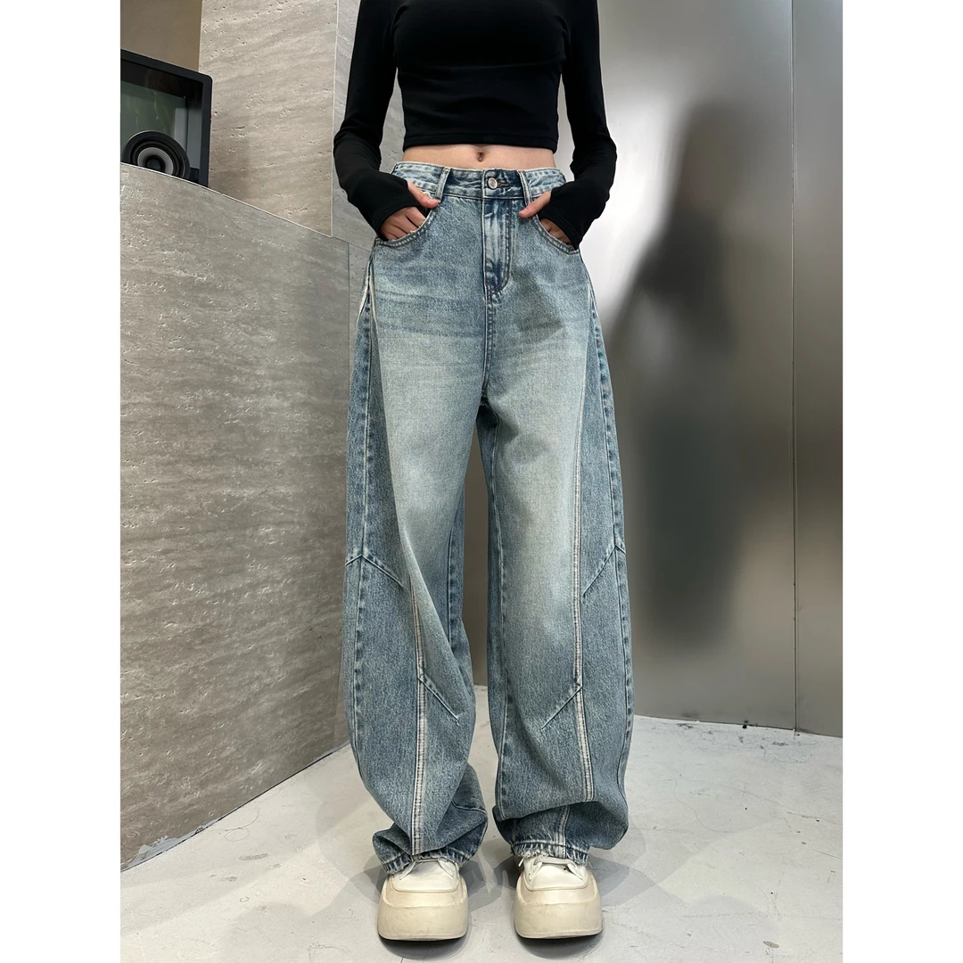 H105-蓝【N5专享】开春新款线条感精裁剪中高腰阔腿设计弯刀牛仔裤