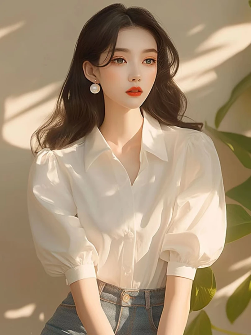 宽松洋气泡泡袖上衣显瘦遮肉小香风POLO领白衬衫女夏季