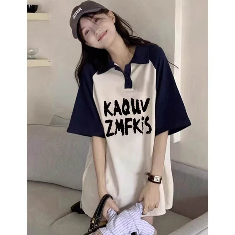 【帝韵】新款重磅纯棉拼色polo领短袖T恤夏季宽松洋气衣服女上衣ins