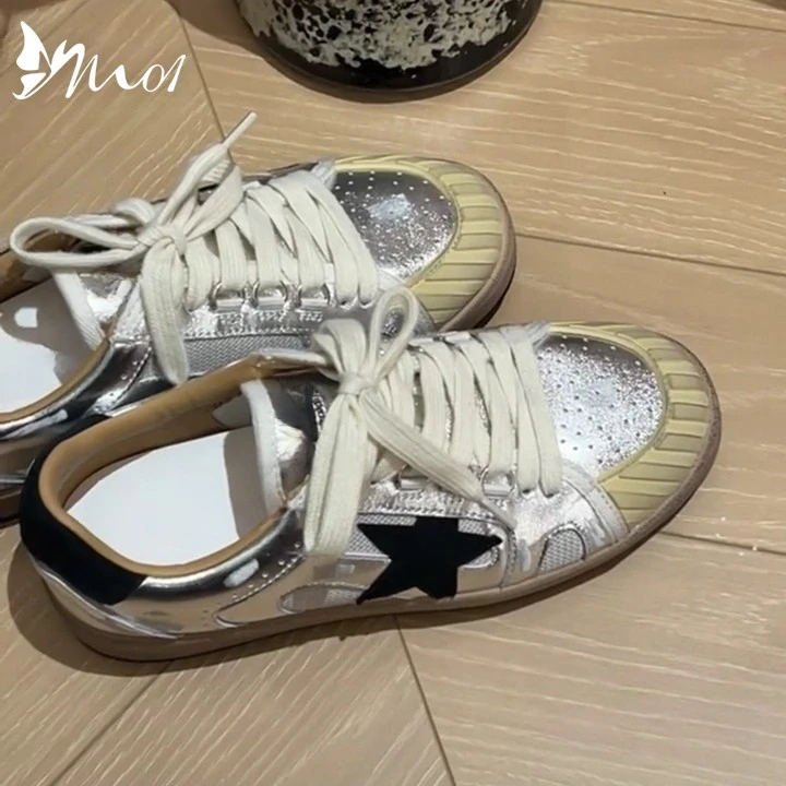 M01小白鞋女星星覆古做旧小脏鞋2025新款时尚百搭休闲板鞋德训鞋