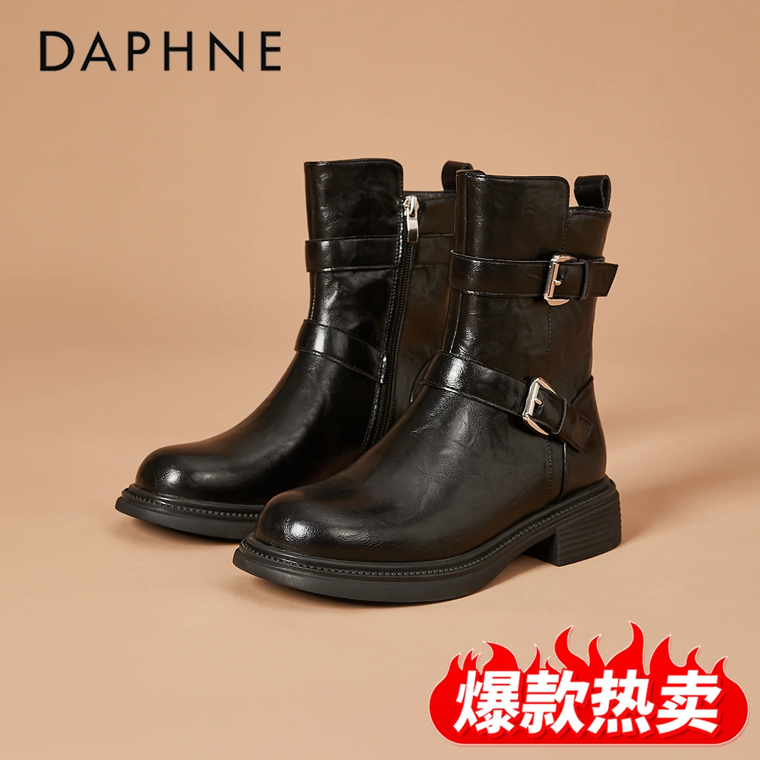 达芙妮厚底短靴女2025新款秋冬皮带扣西部牛仔马丁靴潮酷机车靴子