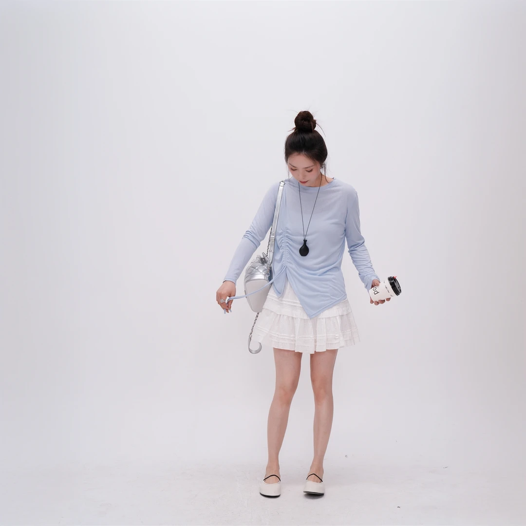 轻薄天丝棉抽绳不规则防晒设计感长袖圆领T恤简约秋季空调罩衫