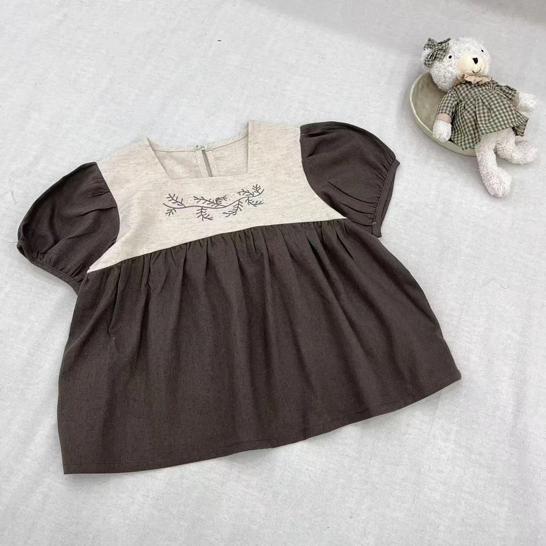 〖姐姐家〗2025夏款儿童萌娃穿搭胸口刺绣拼色娃娃衫衬衫26635