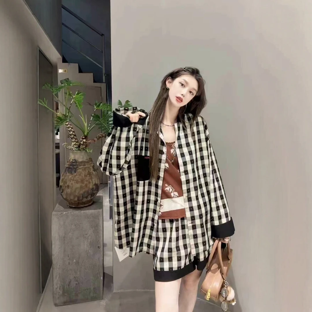 【AS早秋格子衬衫＋短裤】格纹格子开衫衬衫英伦风拼色女长袖