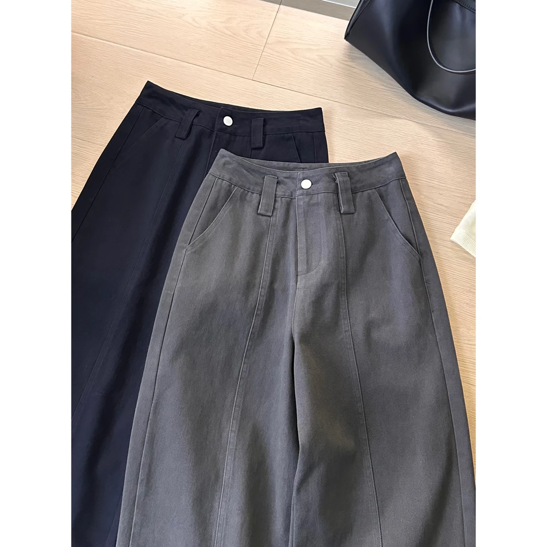 【十三行】H33休闲阔腿裤女秋新款水洗棉高腰宽松百搭直筒牛仔裤