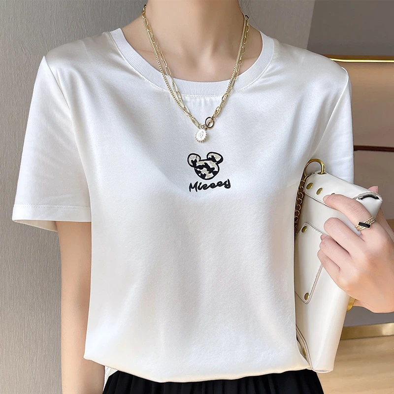 桑蚕丝正肩圆领短袖女夏季前丝棉重工烫钻印花缎面真丝半袖背心