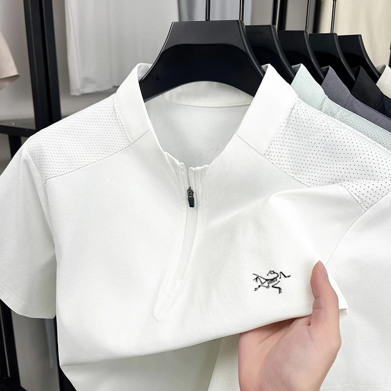 【奥特莱斯】刺绣茑家户外运动短袖立领男士下纯色大码T恤拉链半袖