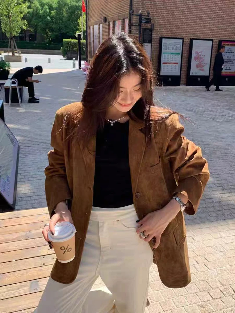 麂皮绒西装外套女单排扣翻领老钱风秋季百搭设计感西装外套2611