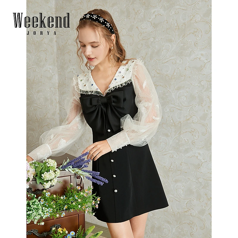 【若谷粉丝专属】卓雅周末冬海军领蝴蝶结拼接绣花连衣裙EJWCDR12