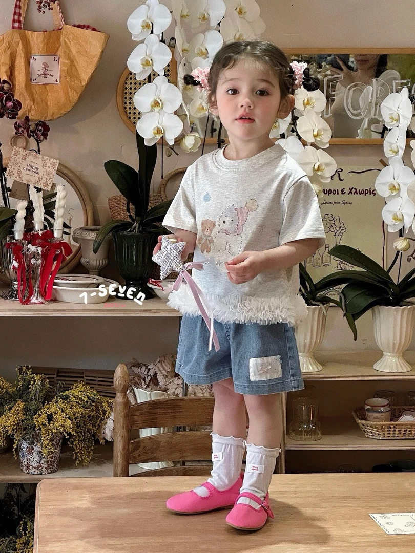 7seven.25夏女童短袖灰色上衣莎莎下摆牛仔短裤两件套儿童洋气ol