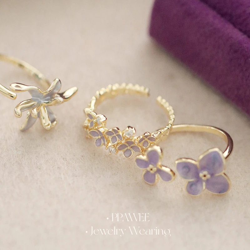 铜合金戒指 紫韵芳华|小众精致珐琅金色花朵戒指女轻奢高级感开口