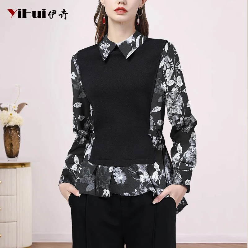 YIHUI伊卉欧洲站设计感针织衫女秋冬新款毛衣假两件衬衫SJ245057