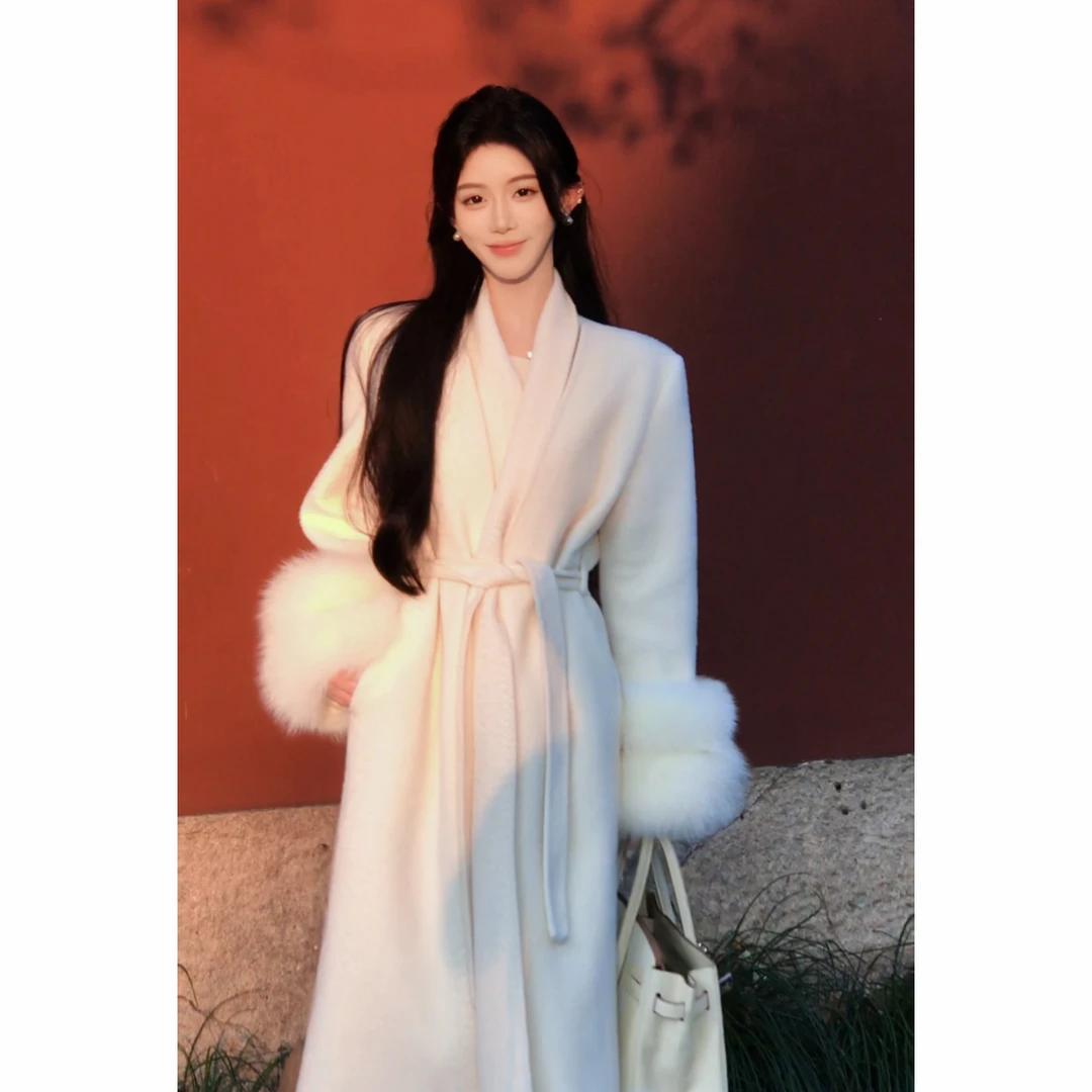 Pz【玉面小狐狸】100羊毛双面尼超大狐狸毛大衣长款显瘦气质外套