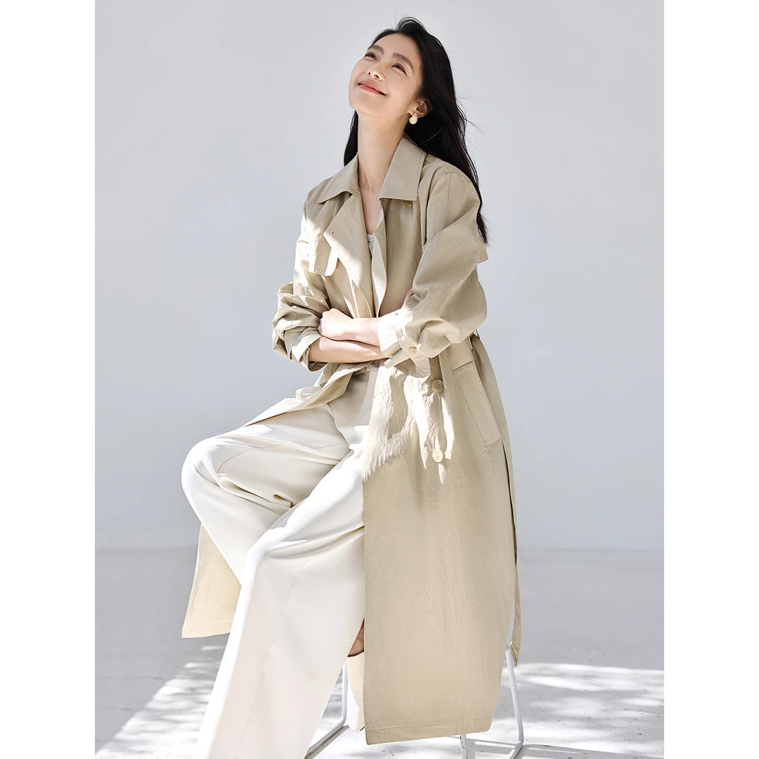 IHIMI/海谧休闲宽松卡其色长款风衣2025春季新款自然舒适风衣外套