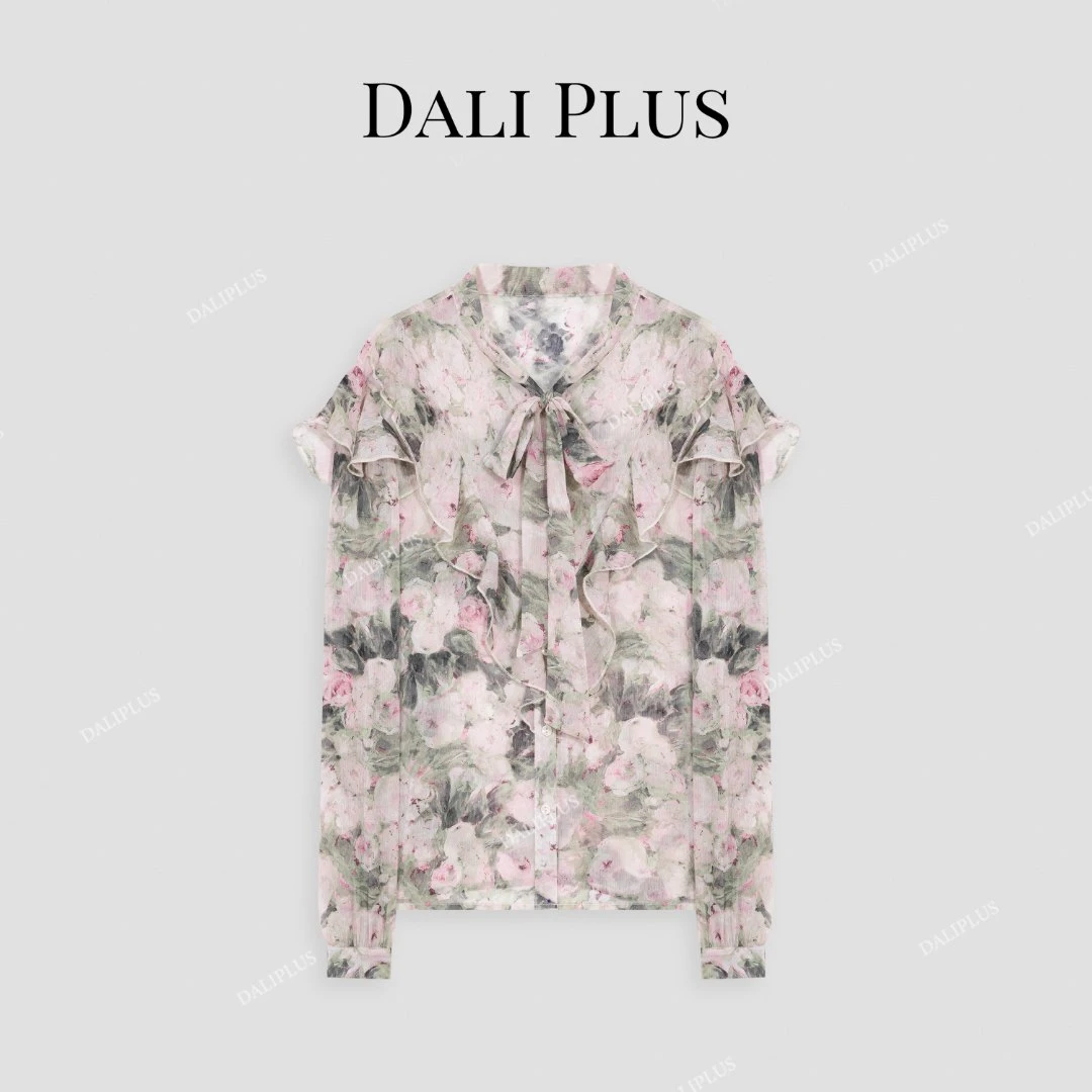 DALI PLUS设计感南法风情碎花荷叶边飘带休闲气质衬衫-D5CH4018
