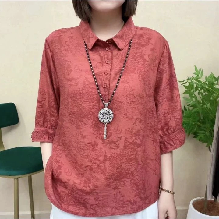 大码苎麻方领上衣衬衫套头纽扣女时尚宽松版型五分袖妈妈装气质