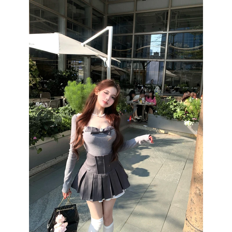 日系甜美气质套装女冬蕾丝花边拼接蝴蝶结u领上衣高腰显瘦百褶裙