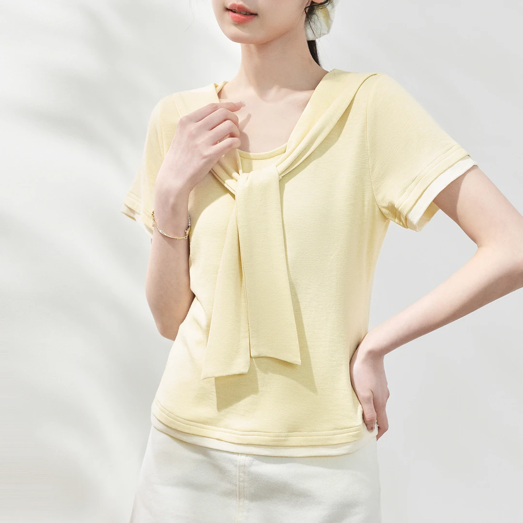黄色正肩短袖T恤女夏2025夏季新款设计感假两件拼接系带体恤上衣