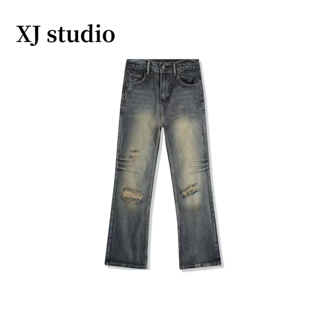 ASKISR百搭破洞薄款美式复古痞帅水洗做旧牛仔裤-DY325