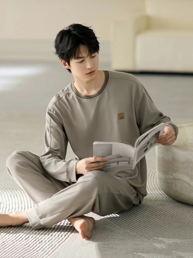 睡衣男冬季新款爆款纯棉长袖长裤韩版可外穿家居服套装（肉棕色）