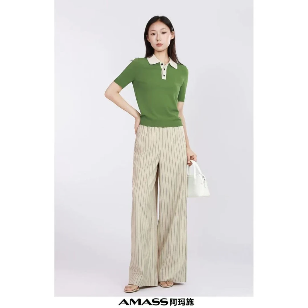 AMASS/阿玛施一线成衣polo领拼色百搭冰丝女士短袖针织t恤5399689