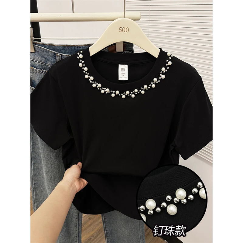 【运补】时尚钉珠韩版正肩短袖t恤女夏装透气显瘦内搭修身弹力上衣